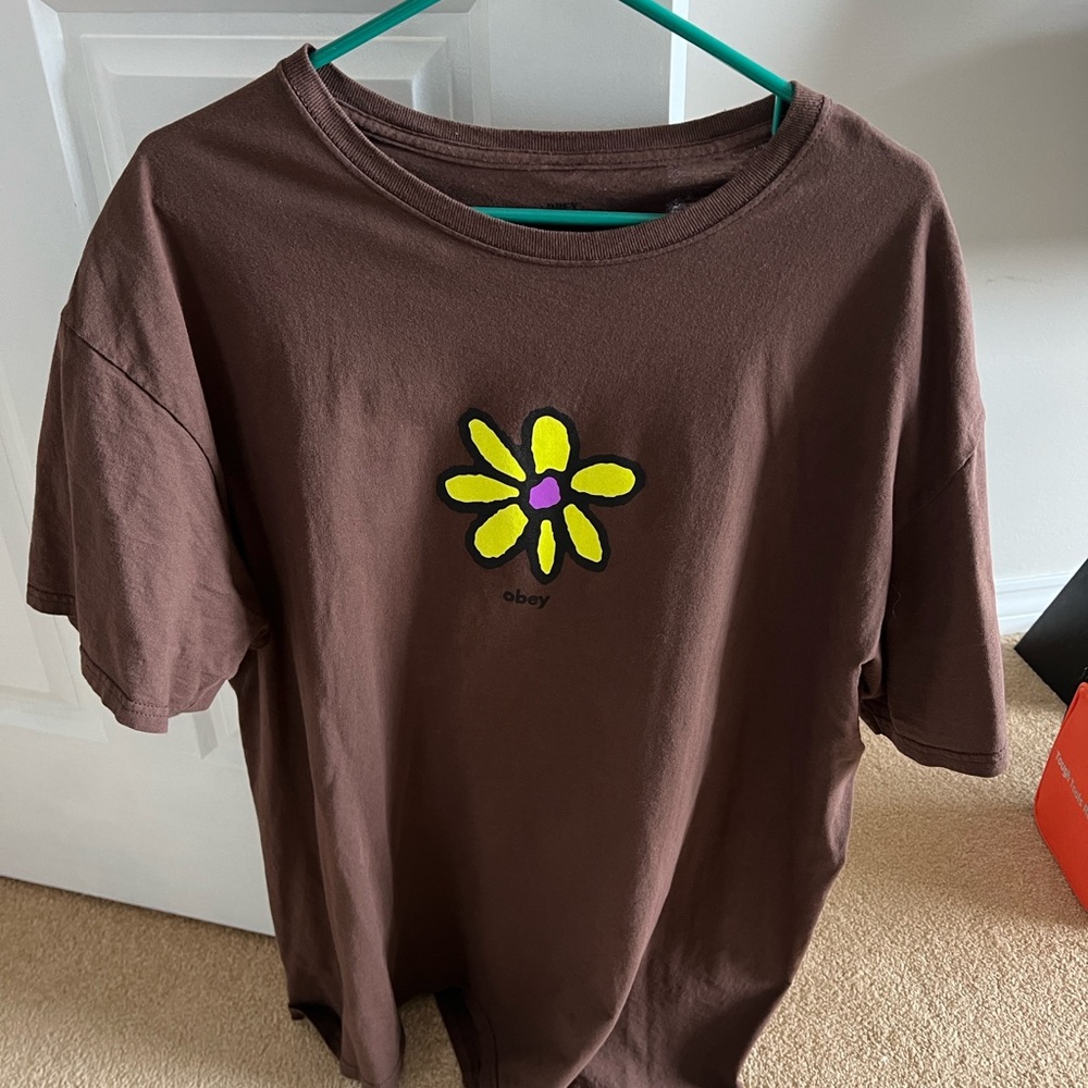 Obey Brown Tee with Yellow Flower